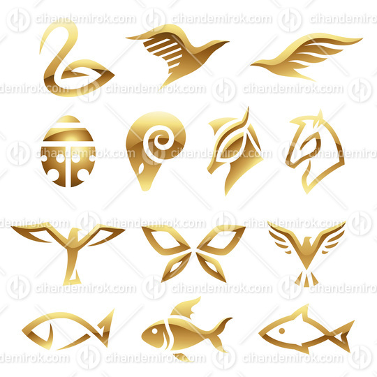 Golden Glossy Abstract Animal Icons on a White Background