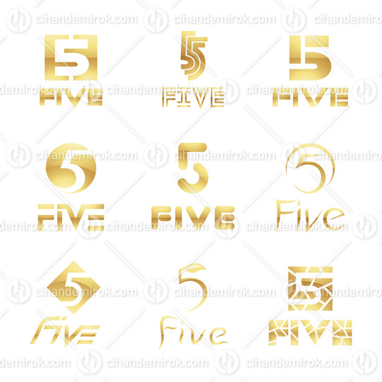 Golden Glossy Number 5 Icons on a White Background