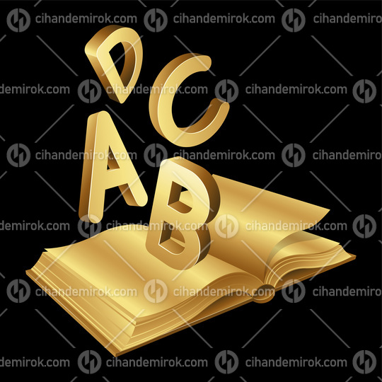 Golden Open Book with Letters A B C D on a Black Background