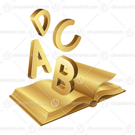 Golden Open Book with Letters A B C D on a White Background
