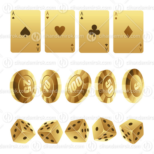 Golden Playing Cards Roulette Chips and Dices on a White Backgro