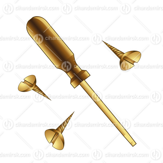 Golden Screwdriver and Screws on a White Background