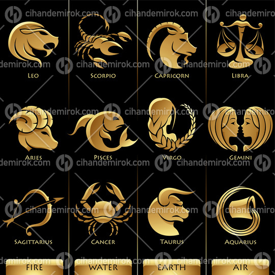 Golden Zodiac Star Signs on a Black Background