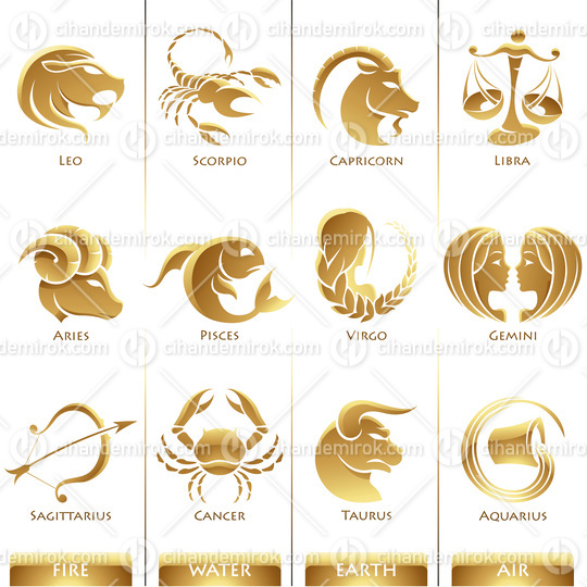 Golden Zodiac Star Signs on a White Background