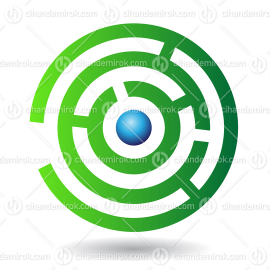 Green Abstract Maze Logo Icon with a Blue Ball in the Center