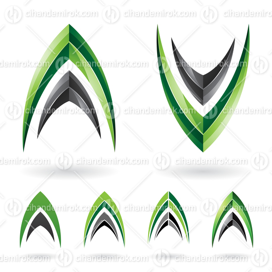 Green and Black Abstract Fishbone Shaped Icons for Letters A and V