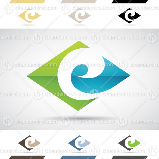 Green and Blue Glossy Abstract Logo Icon of Swirly Letter E in a Horizontal Diamond Shape