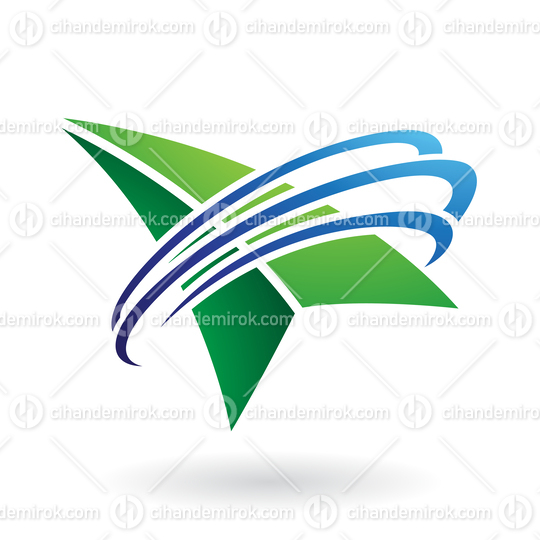 Green Arrow Shape with Blue Rings Reminiscent of Paper Airplane 