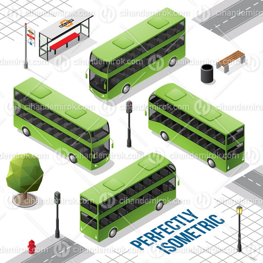 Green Double Decker Isometric Bus from the Front Back Right and Left