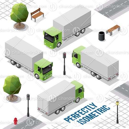 Green Isometric Big Truck from the Front Back Right and Left Vie