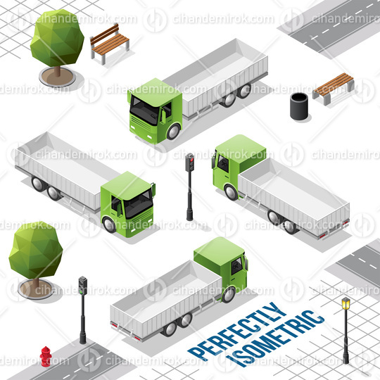Green Isometric Truck from the Front Back Right and Left Views