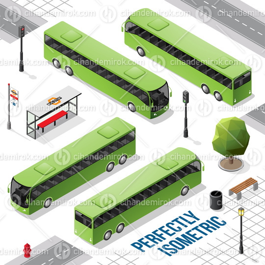 Green Long Isometric Bus from the Front Back Right and Left