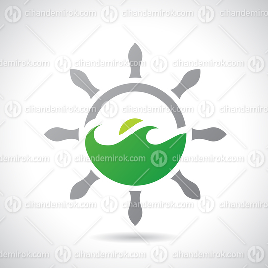 Green Sea Waves with Grey Ship_qt_s Wheel and The Sun Icon
