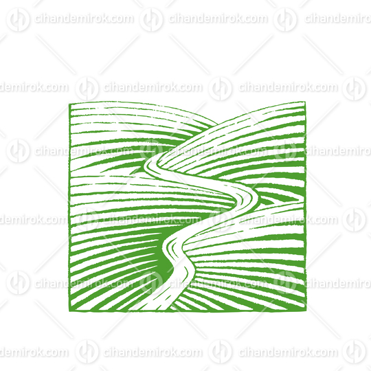 Green Vectorized Ink Sketch of Hills and River Illustration