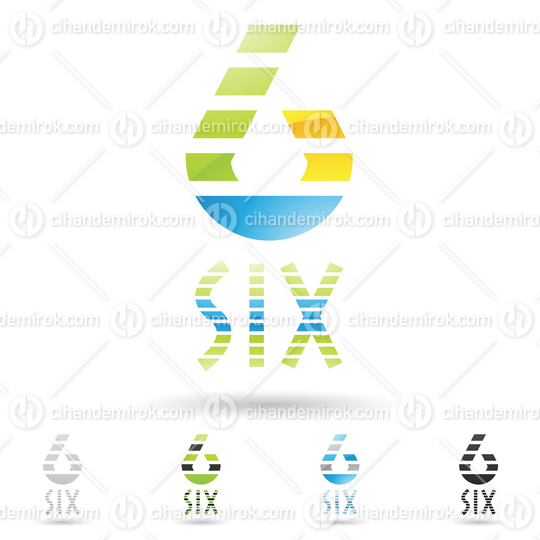 Green Yellow and Blue Abstract Logo Icon of Number 6 with Horizontal Stripes
