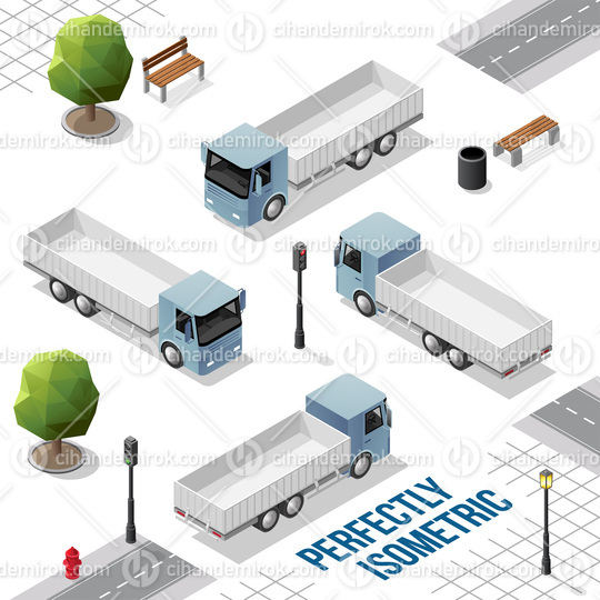 Grey Blue Isometric Truck from the Front Back Right and Left Vie