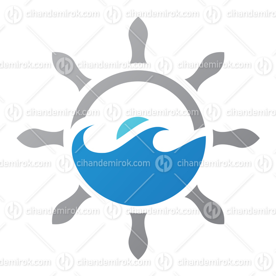 Grey Ship Helm with Blue Sea Waves and The Sun Logo Icon - Bundle No: 092