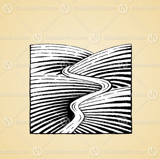 Hills and River, Black and White Scratchboard Engraved Vector