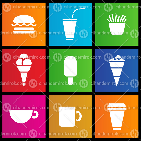 Ice Cream, Coffee and Fast Food Icons on Colorful Square Shapes