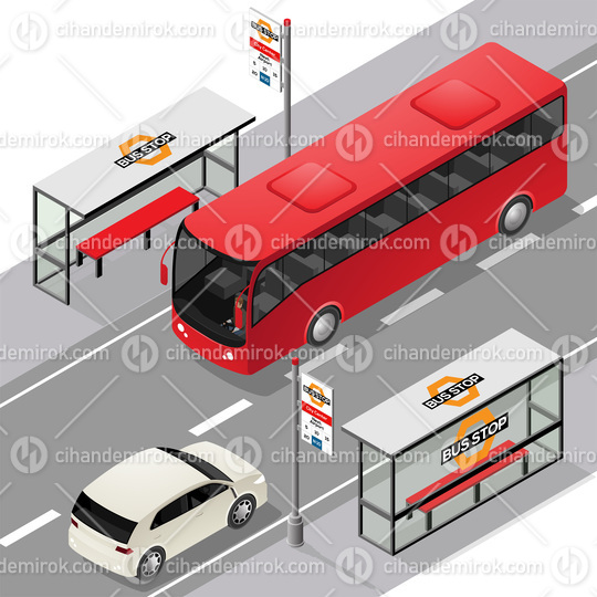 Isometric Bus Stops with a Bus and a Car