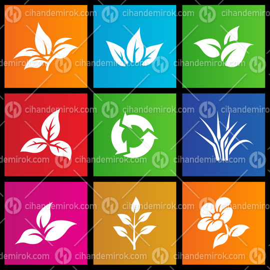 Leaves, Grass and Flowers Icons on Colorful Square Shapes