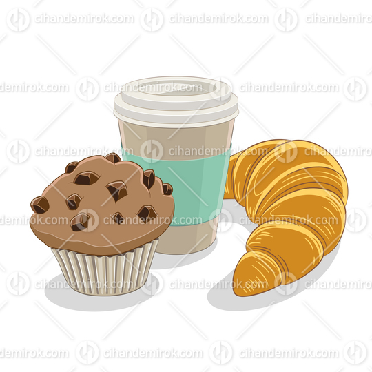 Muffin Croissant and Paper Coffee Cup Vector Illustration