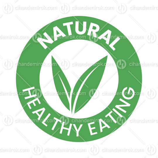 Natural Healthy Eating Round Icon with Green Leaves