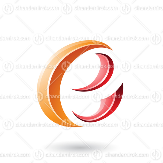 Orange and Red Glossy Crescent Shape Letter E Vector Illustration