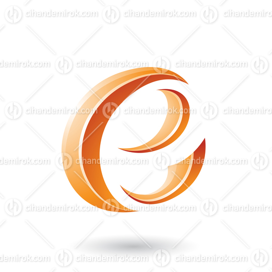 Orange Glossy Crescent Shape Letter E Vector Illustration