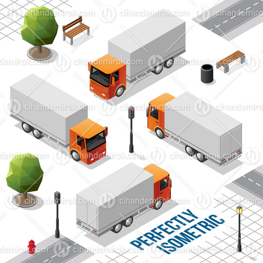Orange Isometric Big Truck from the Front Back Right and Left Vi