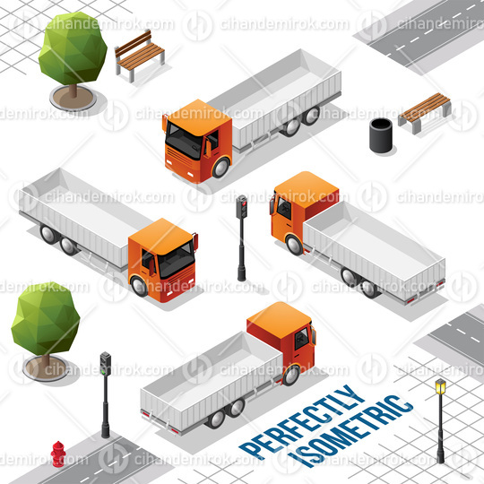 Orange Isometric Truck from the Front Back Right and Left Views