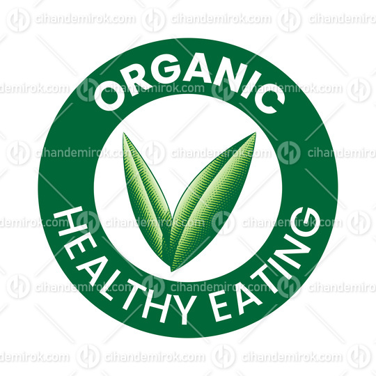 Organic Healthy Eating Round Icon with Engraved Green Leaves