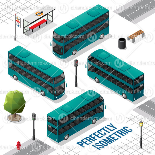 Persian Green Double Decker Isometric Bus from the Front Back Right and Left