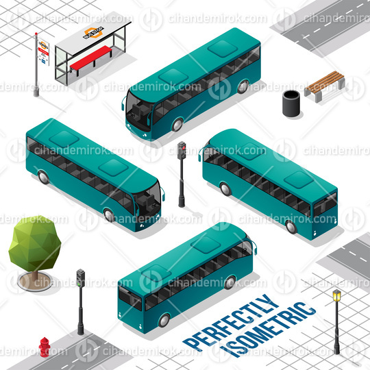 Persian Green Isometric Bus from the Front Back Right and Left