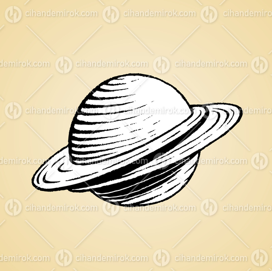 Planet Saturn with Rings, Black and White Scratchboard Engraved Vector