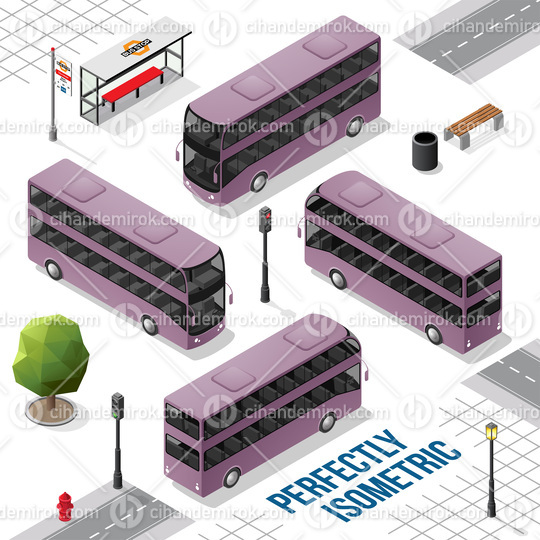 Purple and Black Double Decker Isometric Bus from the Front Back Right and Left