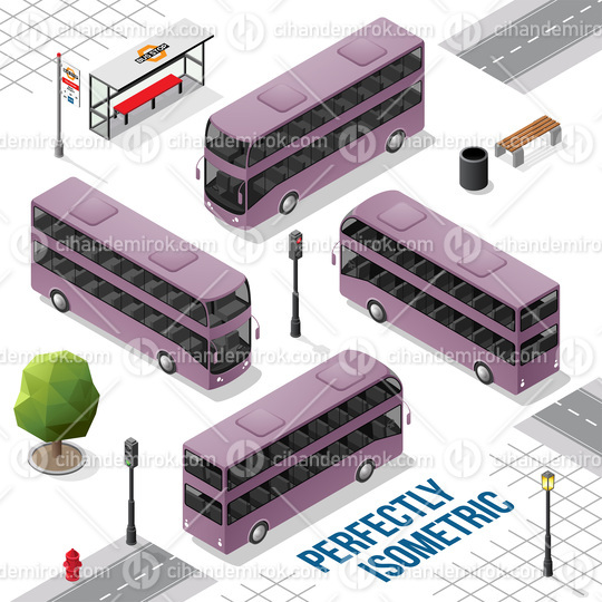 Purple Double Decker Isometric Bus from the Front Back Right and Left