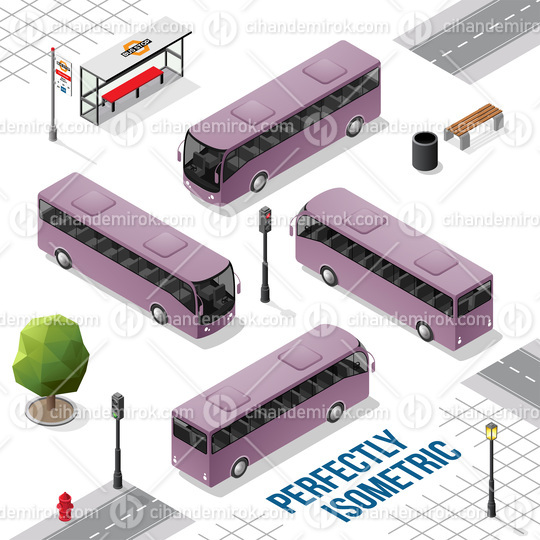 Purple Isometric Bus from the Front Back Right and Left