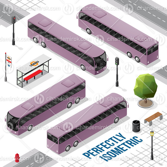 Purple Long Isometric Bus from the Front Back Right and Left