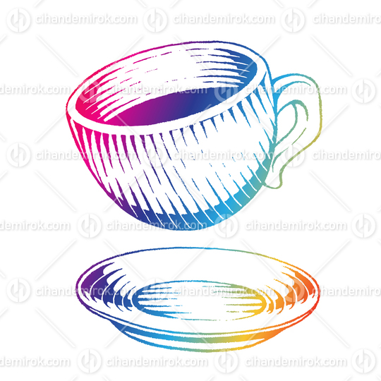 Rainbow Colored Vectorized Ink Sketch of Coffee Cup and Saucer Illustration