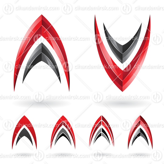 Red and Black Abstract Fishbone Shaped Icons for Letters A and V
