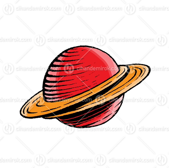 Red and Orange Planet Saturn with Rings, Scratchboard Engraved Vector