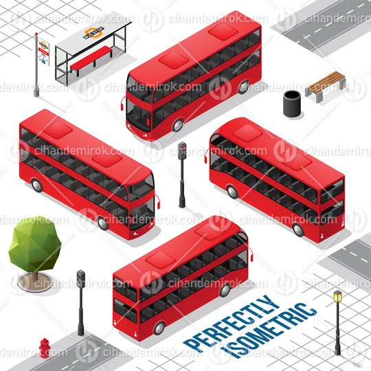 Red Double Decker Isometric Bus from the Front Back Right and Left