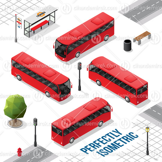 Red Isometric Bus from the Front Back Right and Left
