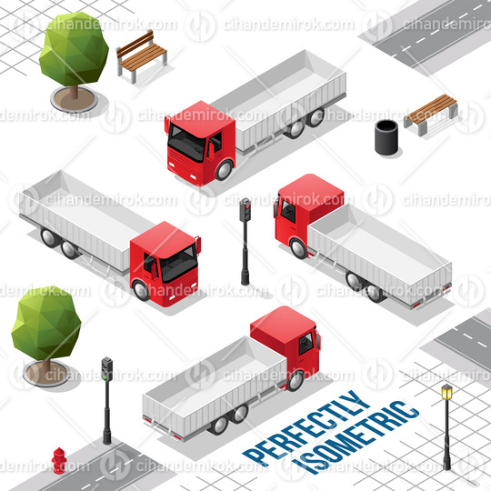 Red Isometric Truck from the Front Back Right and Left Views