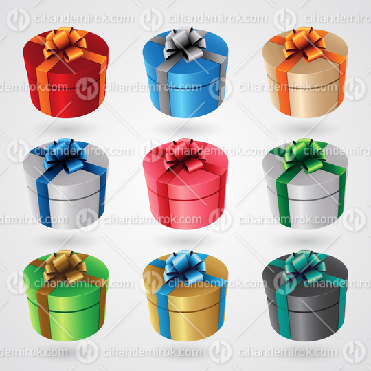 Round Gift Boxes with Glossy Ribbons - Set 3 Vector Illustration