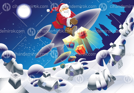 Santa Claus Delivering Presents on a Rocket