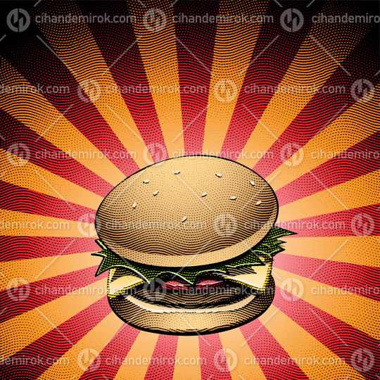 Scratchboard Engraved Burger on Striped Background