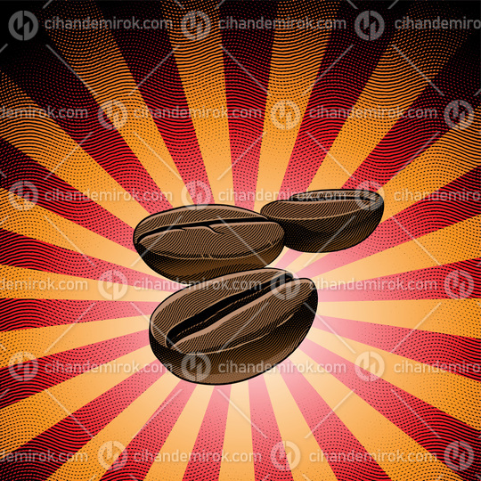Scratchboard Engraved Coffee Beans on Striped Background