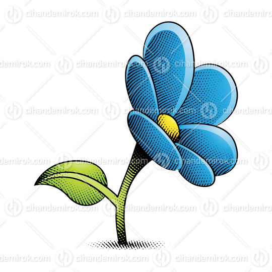 Scratchboard Engraved Daisy Flower with Yellow and Blue Fill